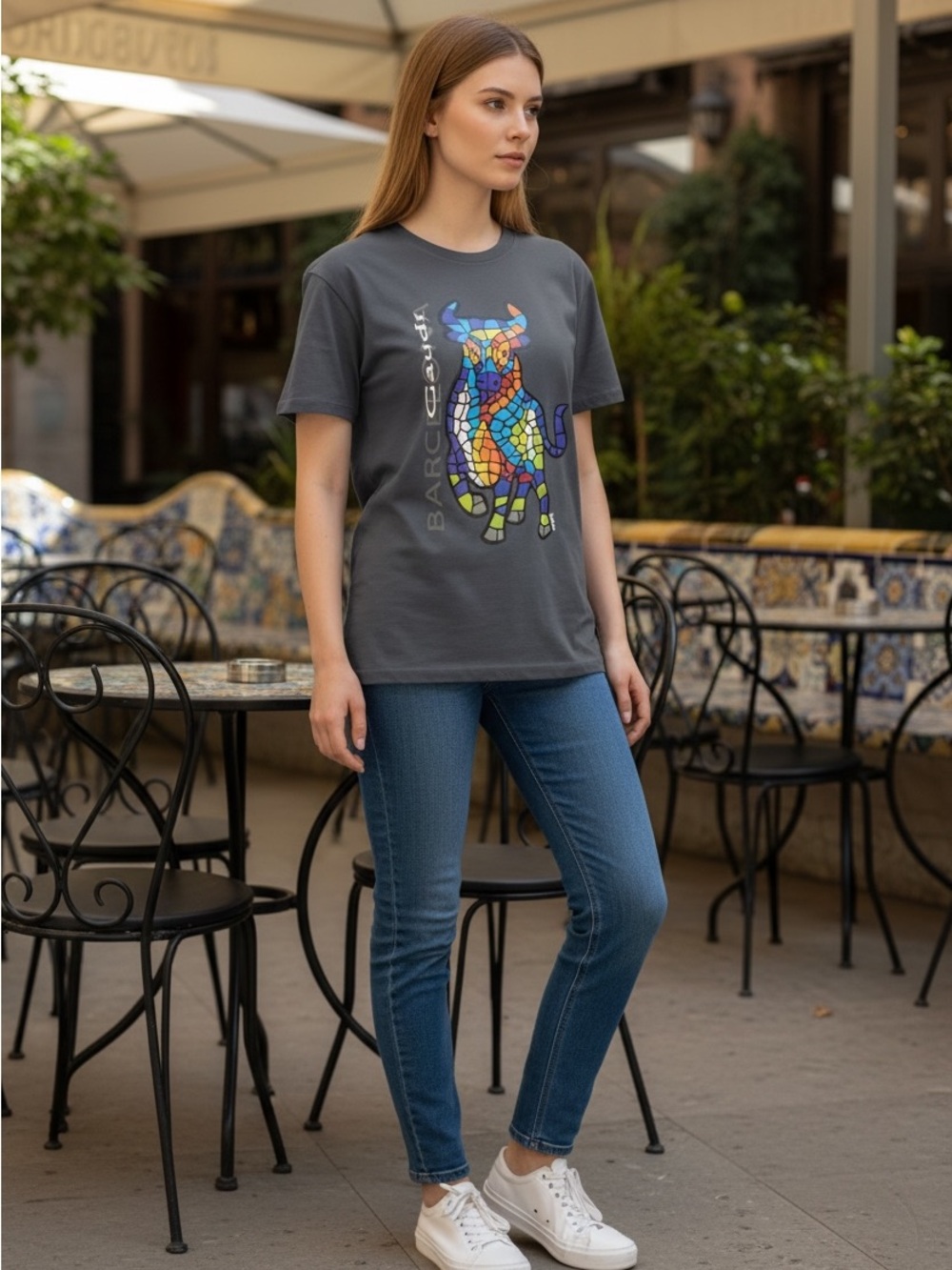 Women's Navy Short Sleeve Mosaic Bull Graphic Tee
